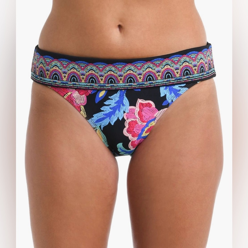 La Blanca Bikini Bottoms Midnight Magic Hipster Black Floral Beach Size 10 NWT